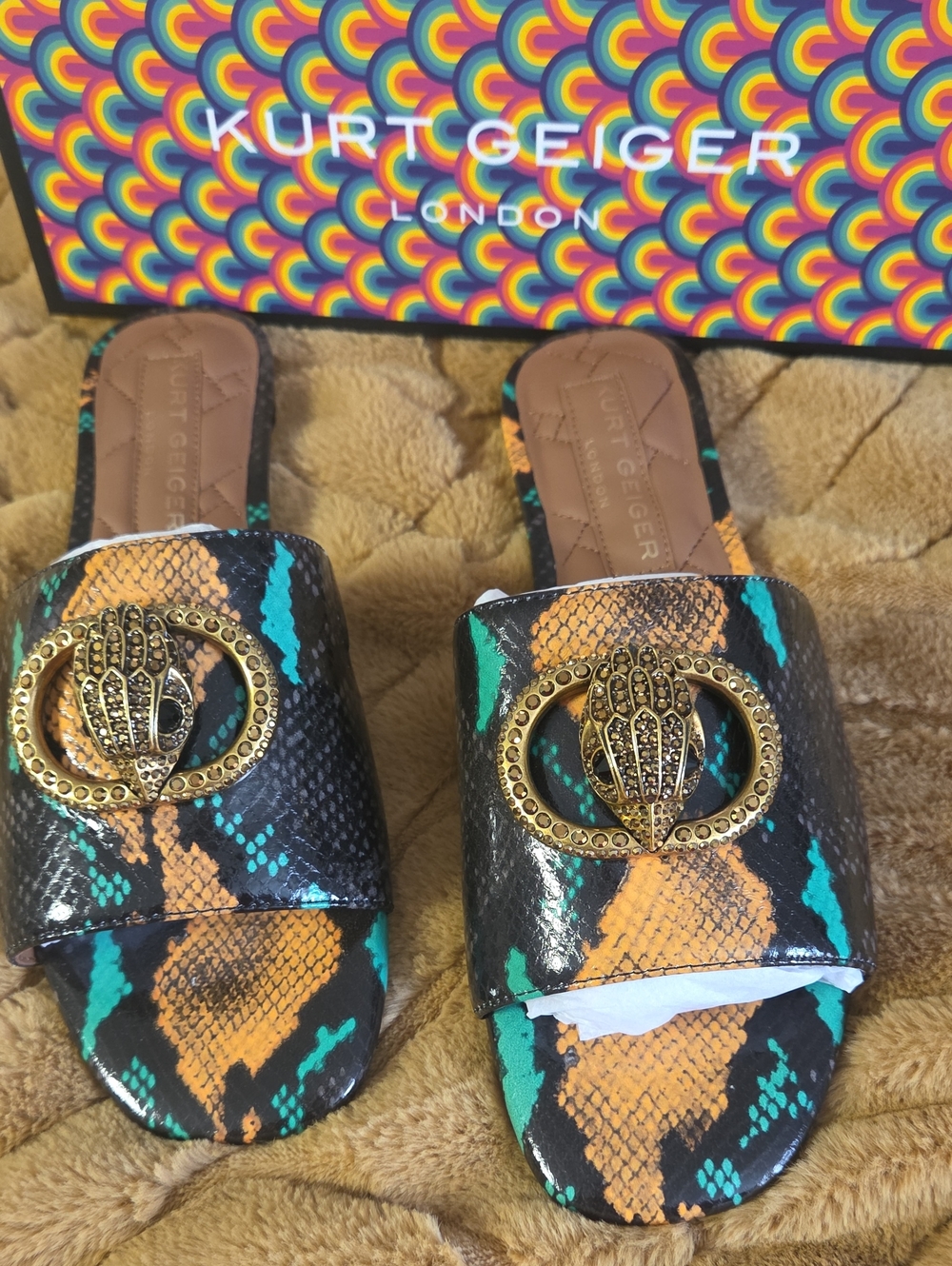 Kurt Geiger Multicolor Snake-Print Slide Sandals with Gold Emblem